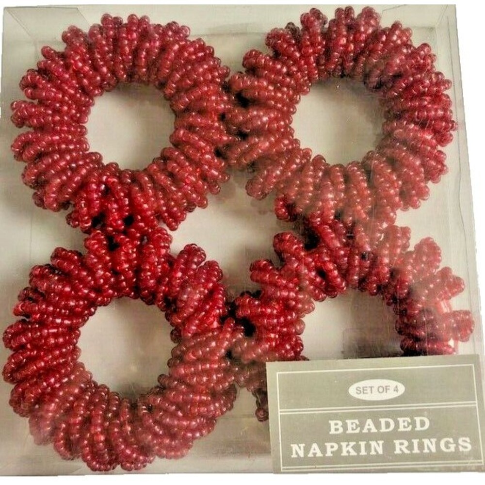Nantucket Fully Beaded Napkin Rings Red Christmas 4th Of July Beach Set of 4